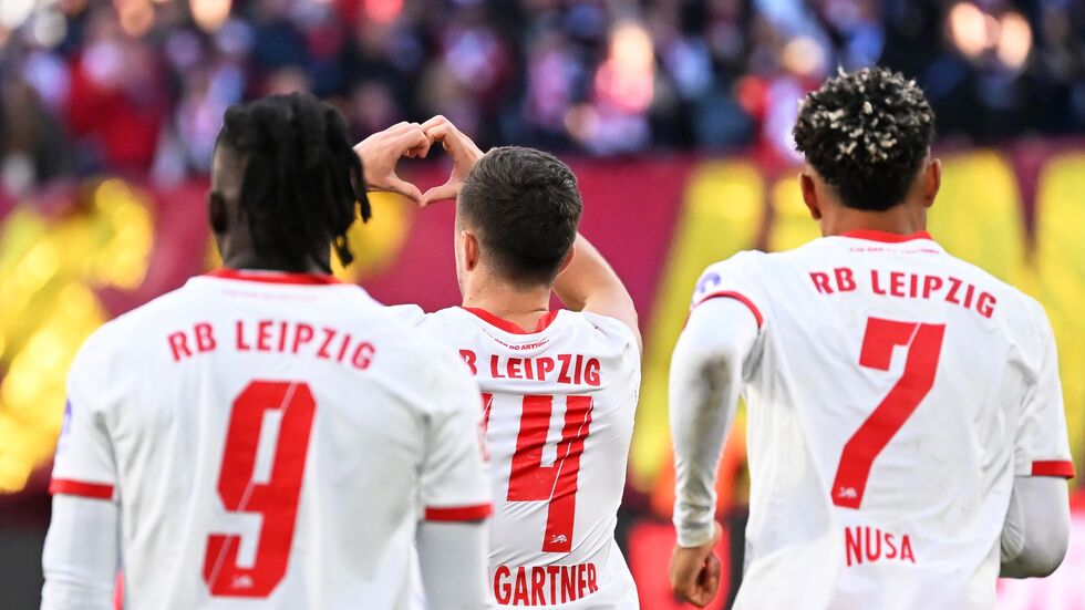  Christoph Baumgartner (RB Leipzig, M) jubelt nach seinem Treffer zum 1:0.