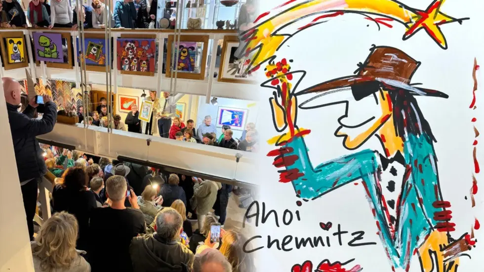 Rund 200 Menschen drängten sich in der Chemnitzer Galerie Schmidt-Rottluff. Zur Vernissage der neuen Udo-Lindenberg-Ausstellung wurde das Chemnitz-Gemälde des Künstlers versteigert. Rund 200 Menschen drängten sich in der Chemnitzer Galerie Schmidt-Rottluff. Zur Vernissage der neuen Udo-Lindenberg-Ausstellung wurde das Chemnitz-Gemälde des Künstlers versteigert.