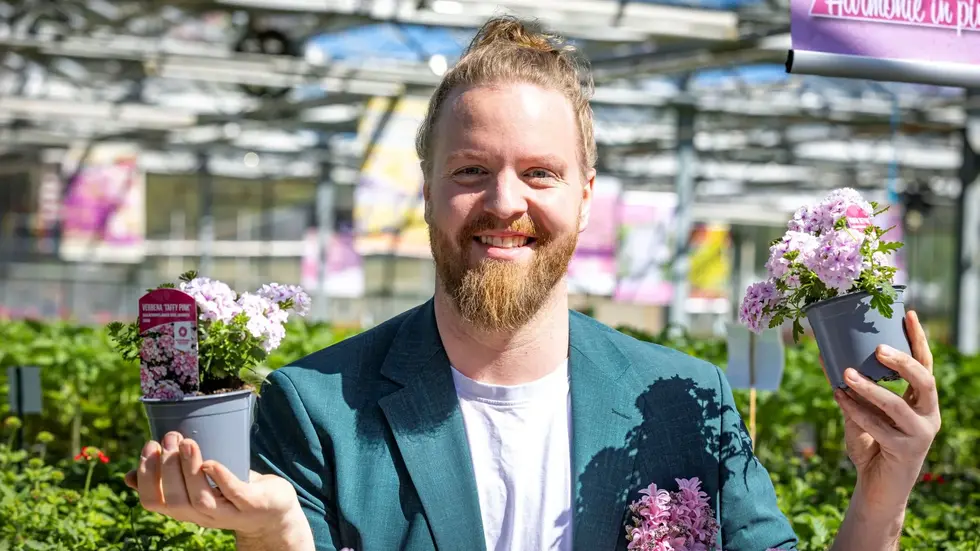 Die männliche Blumenfee Hannes Schrader mit der Balkonblume des Jahres Verbena ‘Taffy Pink’ Die männliche Blumenfee Hannes Schrader mit der Balkonblume des Jahres Verbena ‘Taffy Pink’