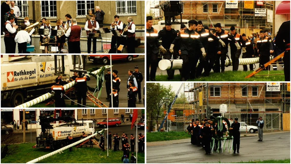 Die Maibaumsetzung ist schon immer begleitet von Musik und Gemeinschaft, wie die historischen Aufnahmen von 1996 belegen.
