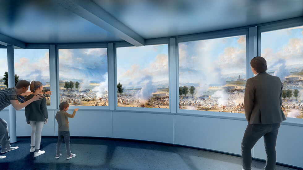 Die Scheiben im Turm-Café werden zu digitalen Bildschirmen und können z.B. historische Szenen der Region abspielen