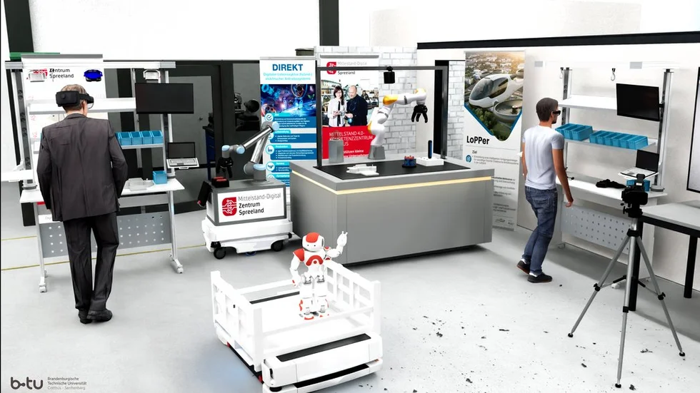 Die virtuelle Nachbildung der Hallenfabrik am Fachgebiet KI-gestützte Automatisierungstechnik von Prof. Berger. In der realen Hallenfabrik in Cottbus soll das Konzept als Nächstes erprobt werden.