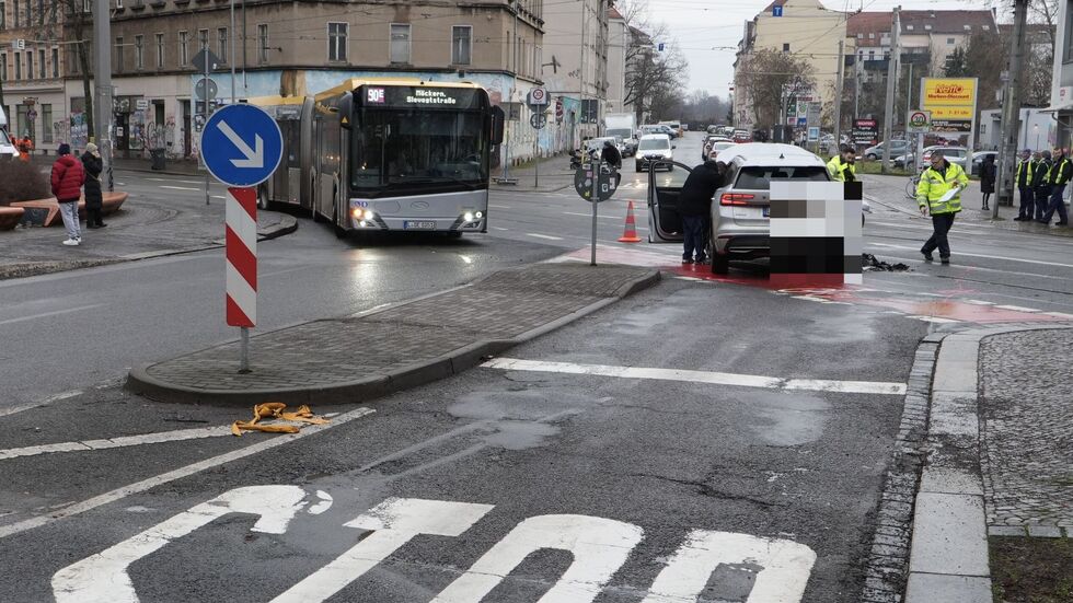 Die Unfallstelle auf dem Stannebeinplatz in Leipzig.
