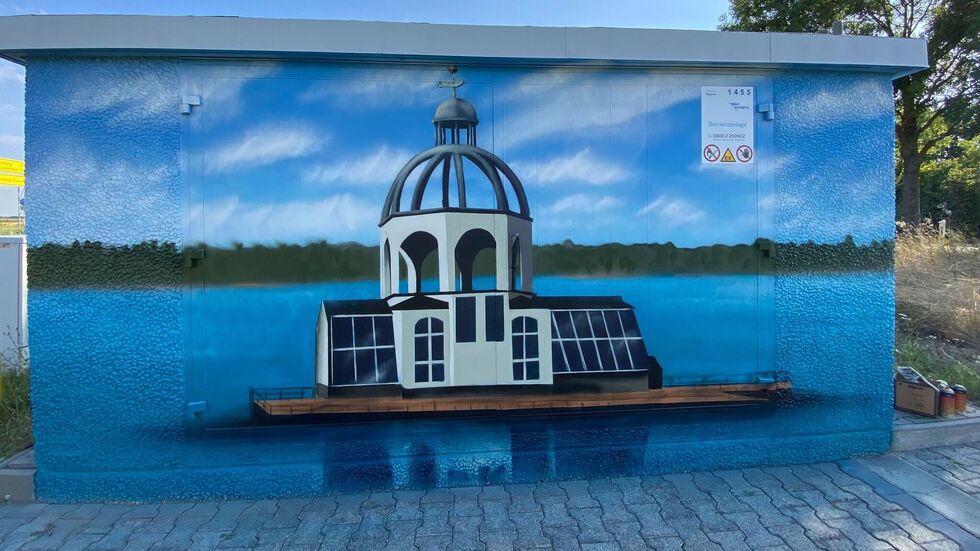 Dieses Graffito an der Deschwitzer Straße in Störmthal zeigt die Vineta auf dem Störmthaler See.