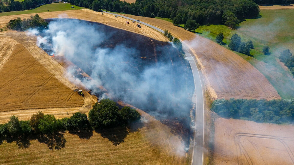 In Rückersdorf bei Neustadt i.Sa. standen am Montagnachmittag ein Feld auf einer Fläche von etwa 10 Hektar in Flammen.