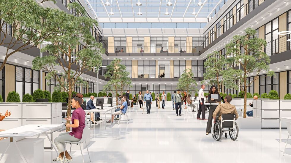 Hier sehen sie den ersten Blick in das neue Verwaltungsgebäude.