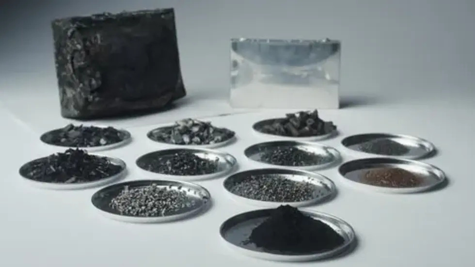 Bestandteile des Materials aus dem mechanischen Recycling von gebrauchten Lithium-Ionen-Batterien. Bestandteile des Materials aus dem mechanischen Recycling von gebrauchten Lithium-Ionen-Batterien.