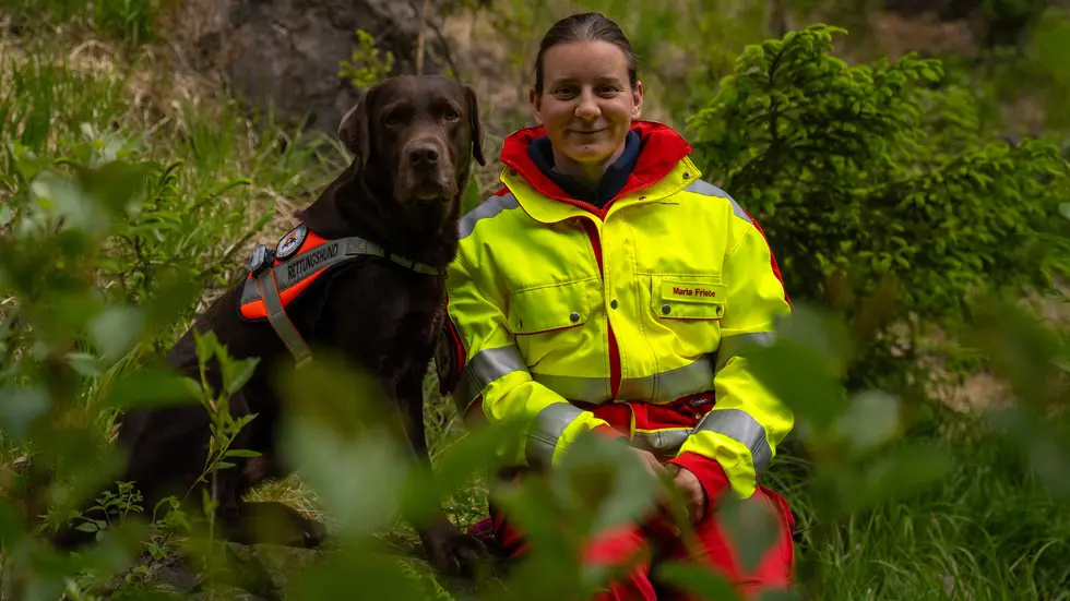 Labrador-Retriever Olli mit seinem Frauchen Maria Friebe. Der Hund spürte in Penig einen vermissten Rentner auf.