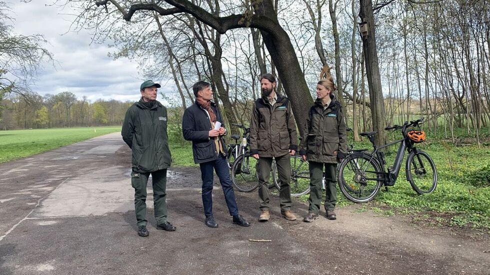 Leiter der Stadtforstabteilung Andreas Sickert, Umweltbürgermeister Heiko Rosental, Stadtwaldranger Marko Reimann und Franka Seidel