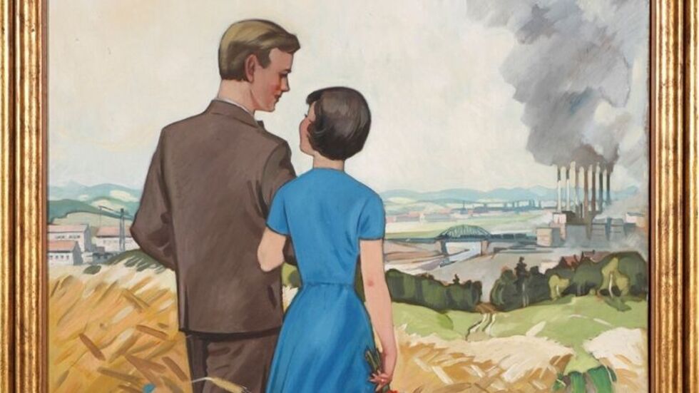 Karl Wilhelm Schmidt, Liebespaar durch Kornfeld laufend, im Hintergrund Kraftwerk, 1962