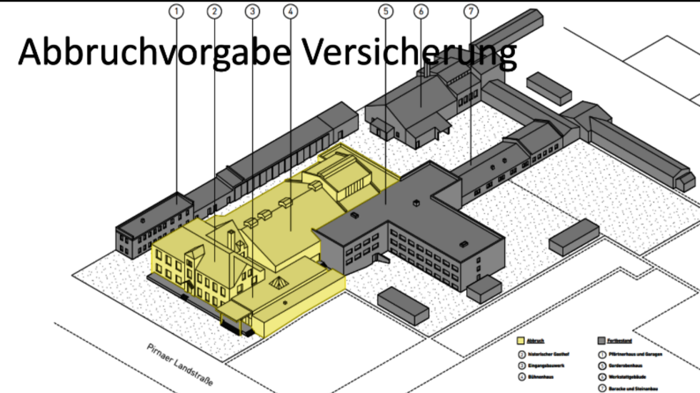 Die gelb markierten Flächen sollen bis Ende des Jahres abgerissen werden, darunter auch das Bühnenhaus und der historische Gasthof.