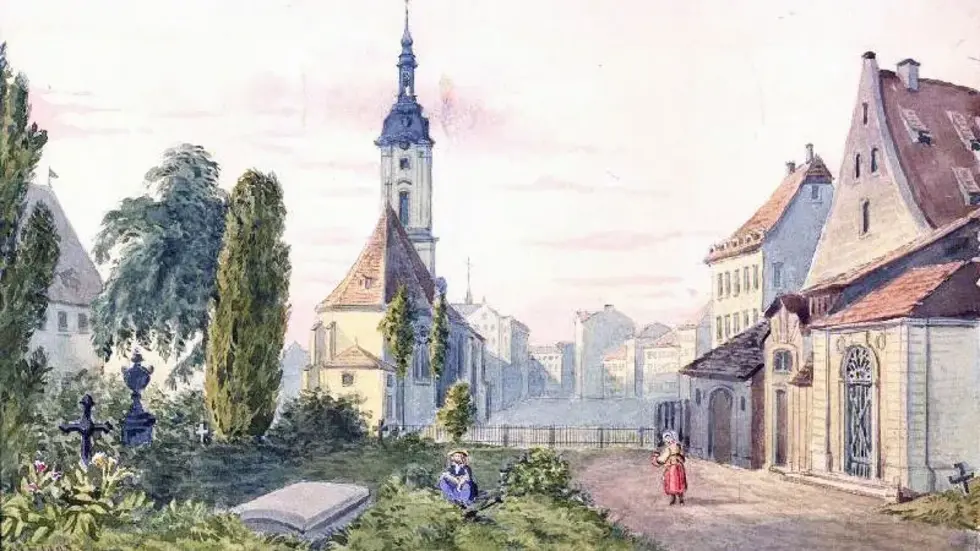 Ein Aquarell-Gemälde von Leipzig ältester Grabstätte, dem Alten Johannisfriedhof hinterm Grassi-Museum. Es stammt von 1903.