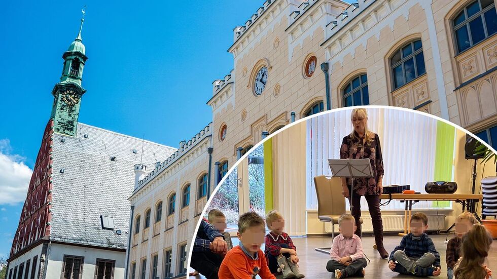 Unten im Bild: Cornelia "Conny" Pohlers bei einem Auftritt mit dem Kindergarten-Chor der AWO-Kita "Villa Mittendrin".
