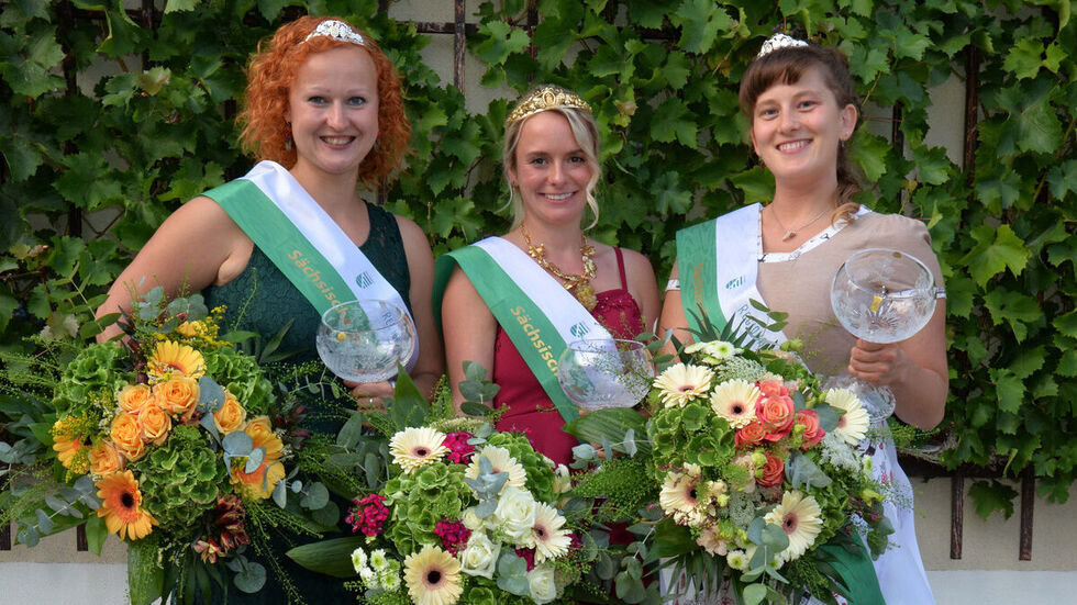 Die 34. Sächsische Weinkönigin Sabrina Papperitz (M) sowie die Weinprinzessinnen Sabine Leonhardt (l) und Stefanie Mühlbach