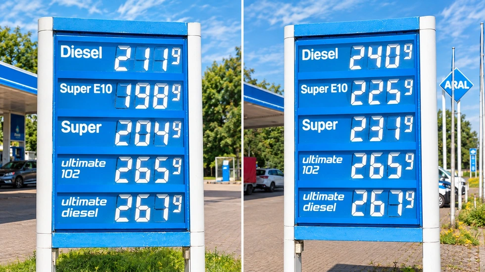 Eine Tankstelle in Dresden am Morgen (links) und am Mittag nach 12 Uhr (rechts) Eine Tankstelle in Dresden am Morgen (links) und am Mittag nach 12 Uhr (rechts)